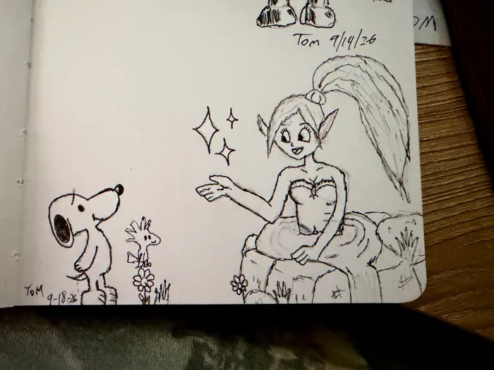 Snoopy holding a flower beside another character in a sketchbook drawing.
