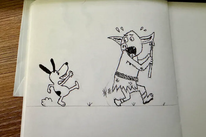 Snoopy looking toward a character carrying a bag.