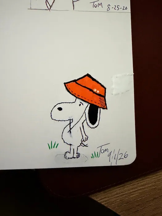 Snoopy wearing a bright orange hat.