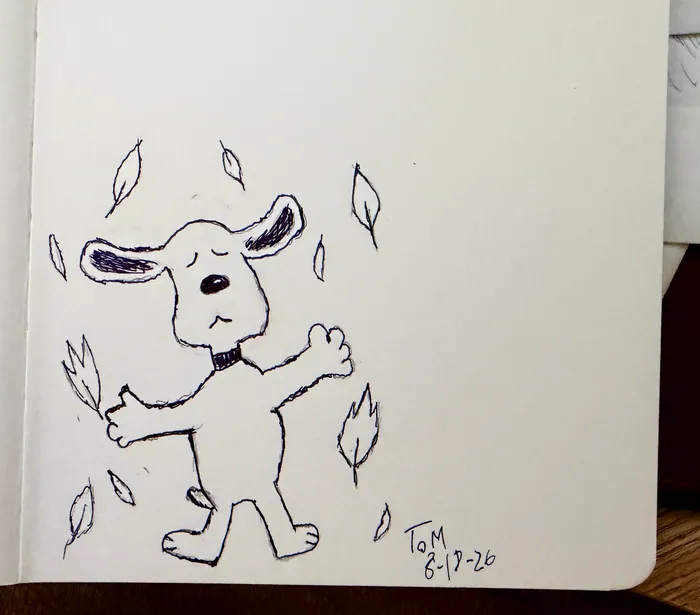 Snoopy with his arms out as leaves fall around him.