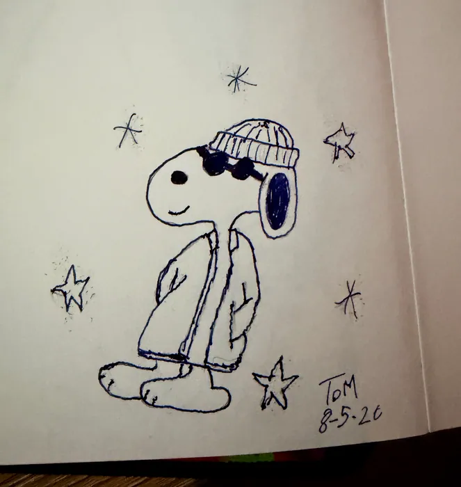 Snoopy in a winter hat and sunglasses, surrounded by stars.