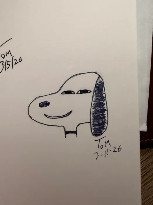 A close sketch of Snoopy smiling with half closed eyes.