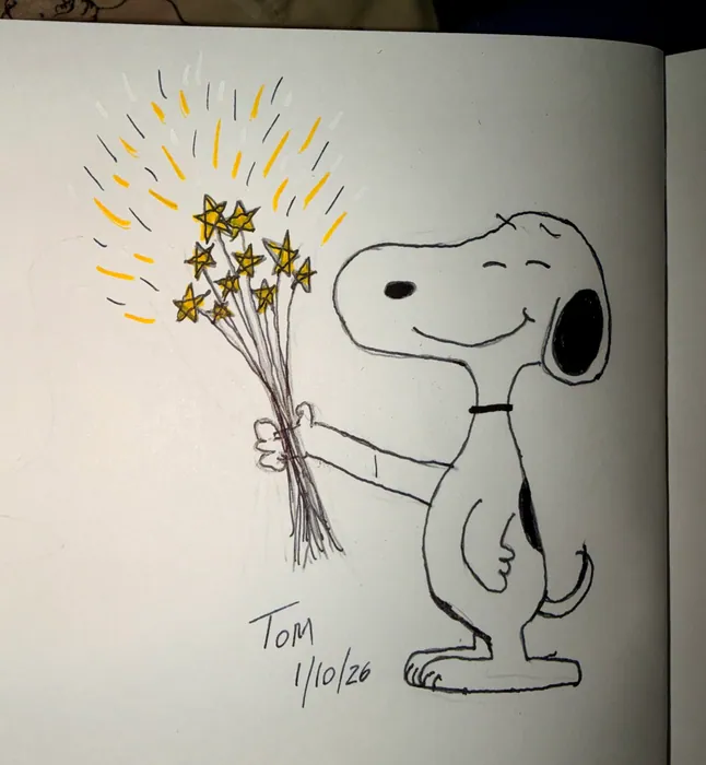Snoopy holding a bouquet of yellow stars.