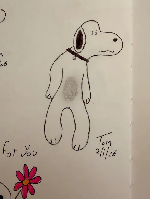 A full body Snoopy drawing with a quiet expression.