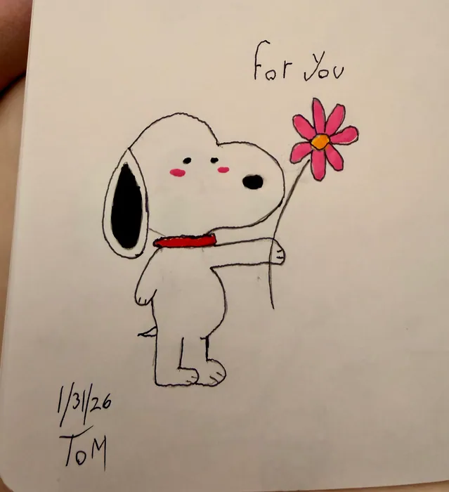 Snoopy holding a pink flower beneath the words For You.