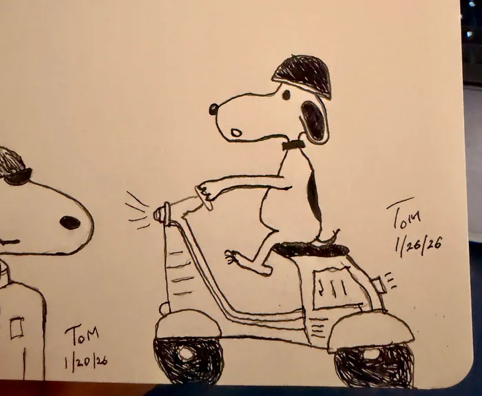 Snoopy riding a scooter in a sketchbook drawing.