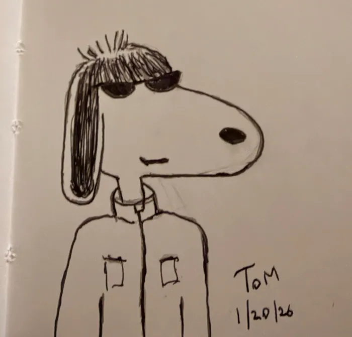 Snoopy with long dark hair and sunglasses.