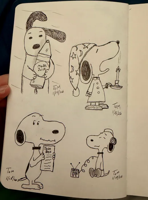A sketchbook page with Snoopy in several outfits and poses.