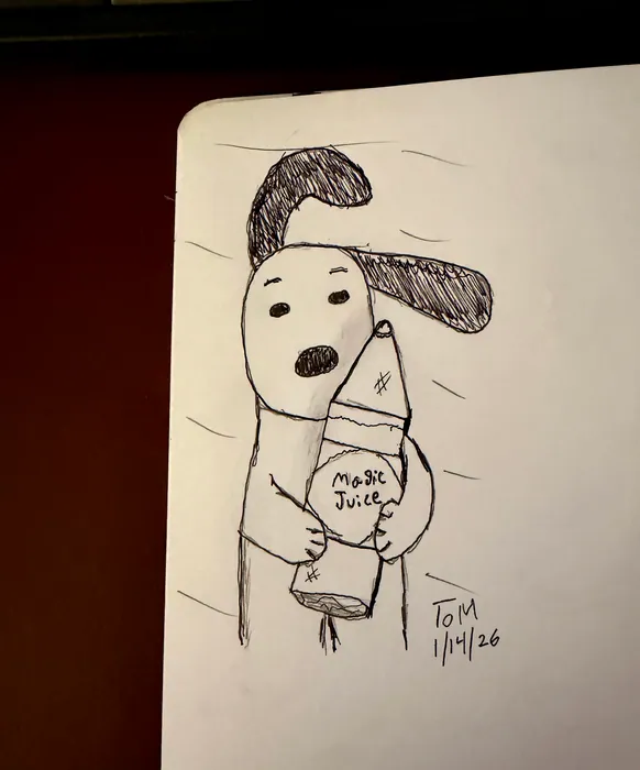 A Snoopy drawing holding a carton labeled Magic Juice.