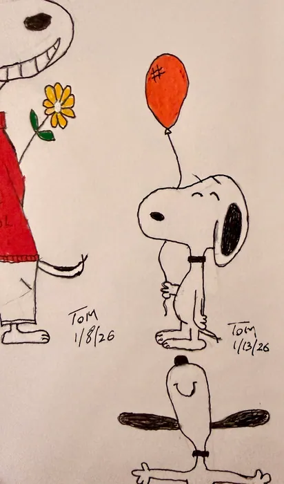 Snoopy holding a balloon beside another colorful drawing.