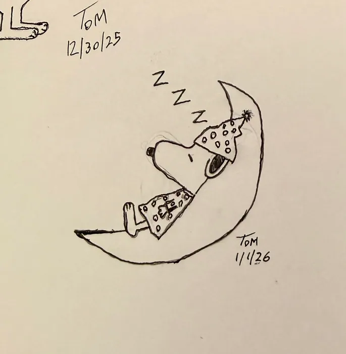 Snoopy in a pointed nightcap resting on a crescent moon.