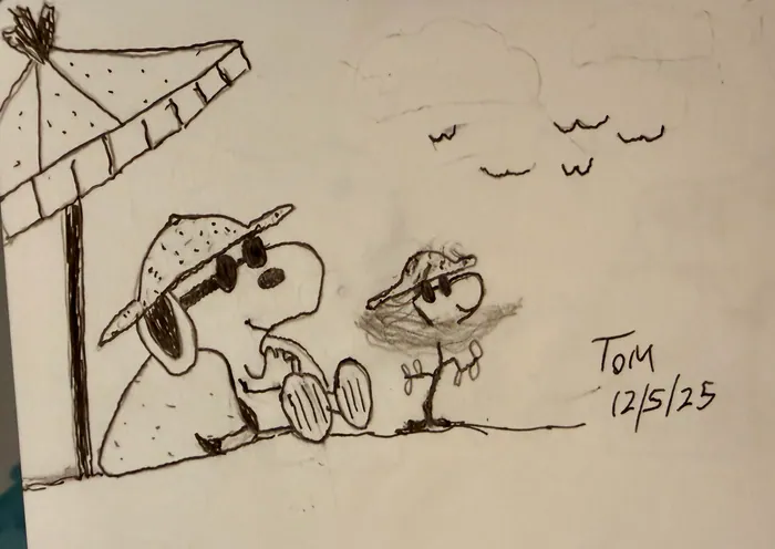Snoopy and Woodstock relaxing under a beach umbrella.