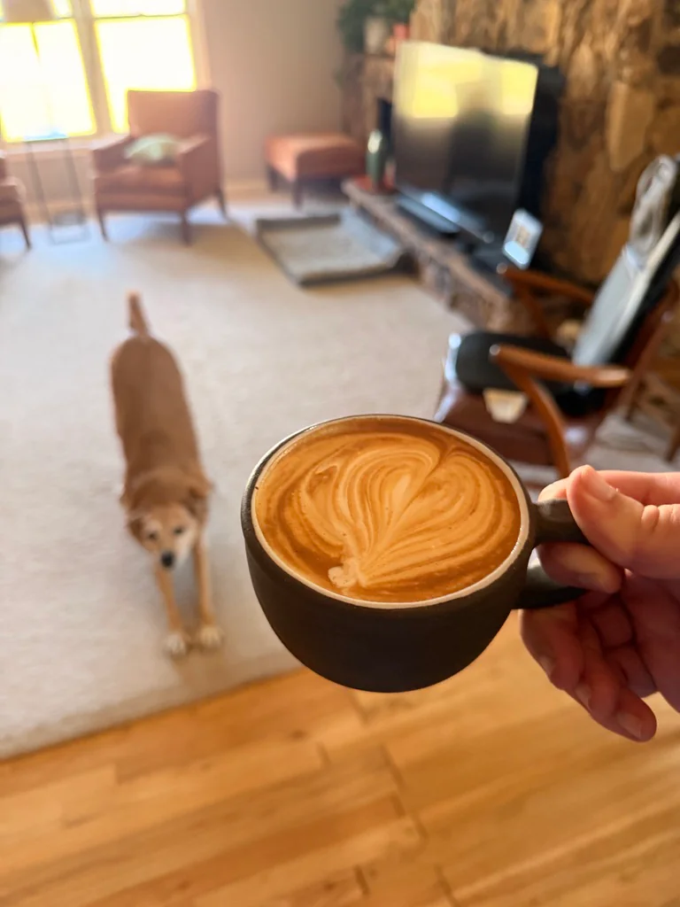 A hand holding a latte with leaf shaped foam art while Scout walks through the living room in the background.