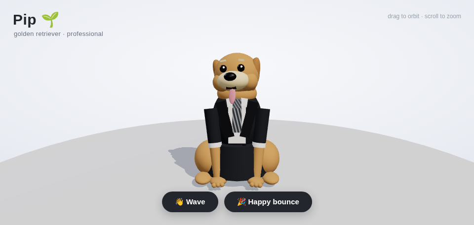 Pip the golden retriever in a business suit, in 3D.